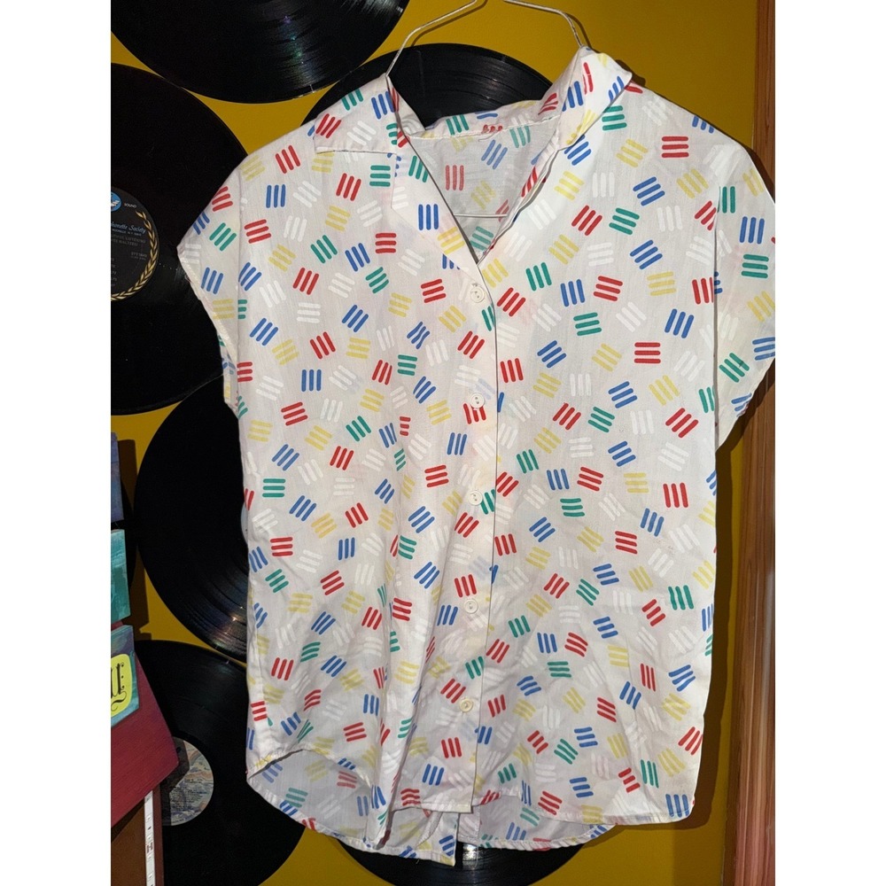 Vintage Kids Short Sleeve Button Up Shirt Primary Color Dash Print Retro 80s 90s